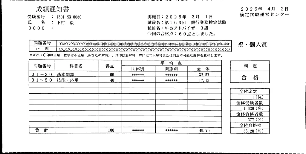 シモムー年アド３級成績2026春